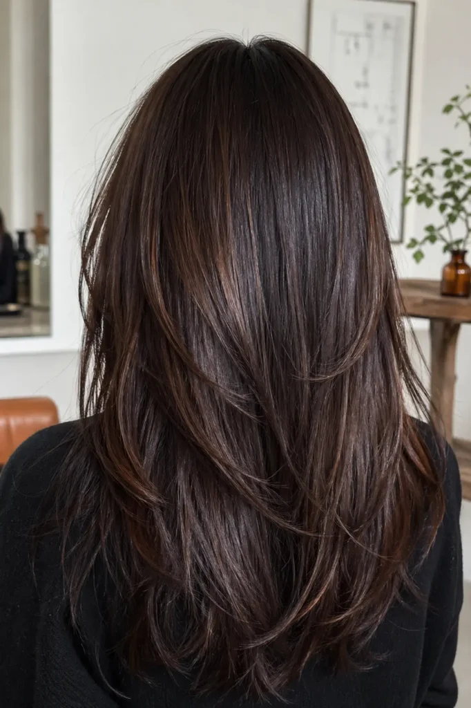 Back view of a real woman with long layered mocha and dark chocolate brown hair, styled with soft flowing layers and a glossy, healthy shine