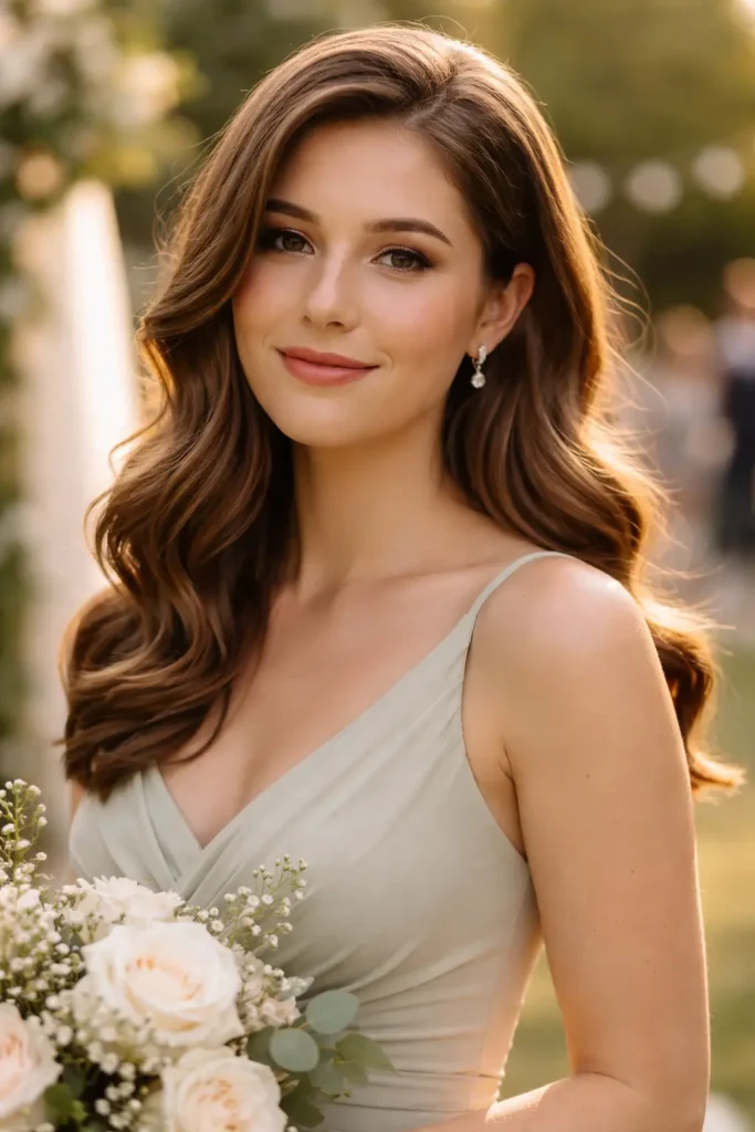 a young bridesmaid with loose glossy Hollywood waves and soft volume, wearing a simple sage green dress and natural makeup, holding a bouquet of white roses in warm golden-hour outdoor lighting.