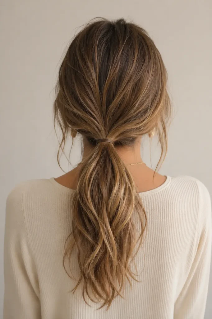 Back view of a young woman with a loose low ponytail, featuring soft natural texture, gentle volume, and subtle face-framing strands, highlighted with light dimensional tones
