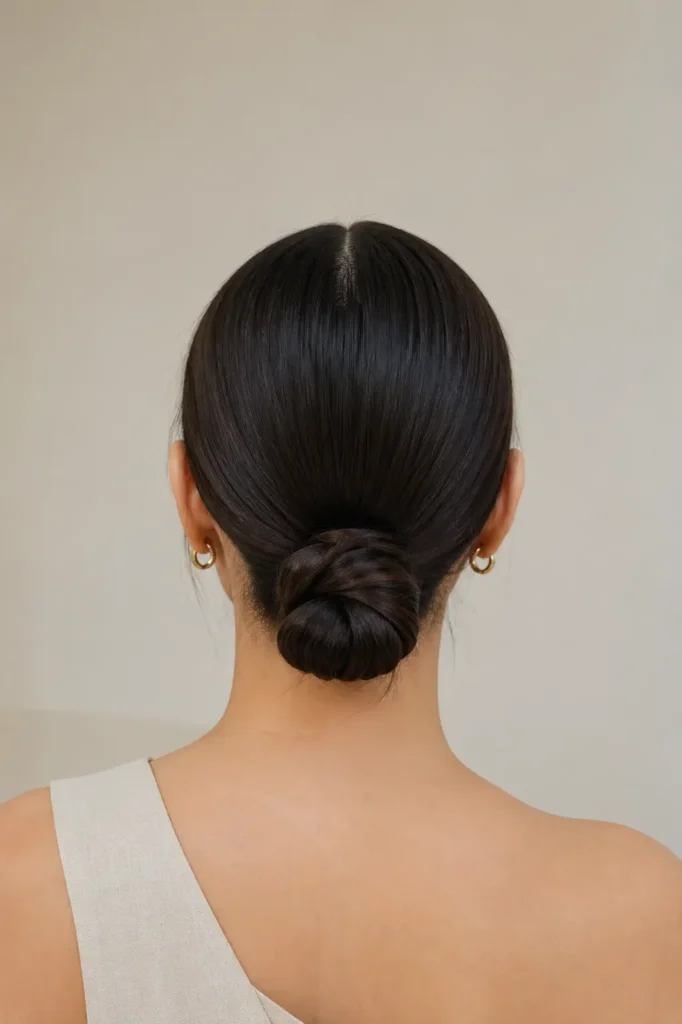 Back view of a woman with sleek dark hair styled in a low bun, featuring a clean middle part and smooth, polished shine, against a soft neutral background with gentle lighting.