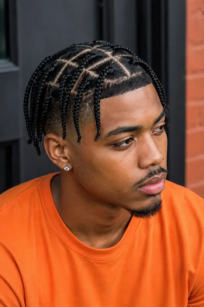 a young man with neatly styled low fade box braids and sharply defined square sections, wearing an orange shirt. His hairline is crisp, with smooth fade blending along the sides, and the scalp grid is clearly visible between the braids