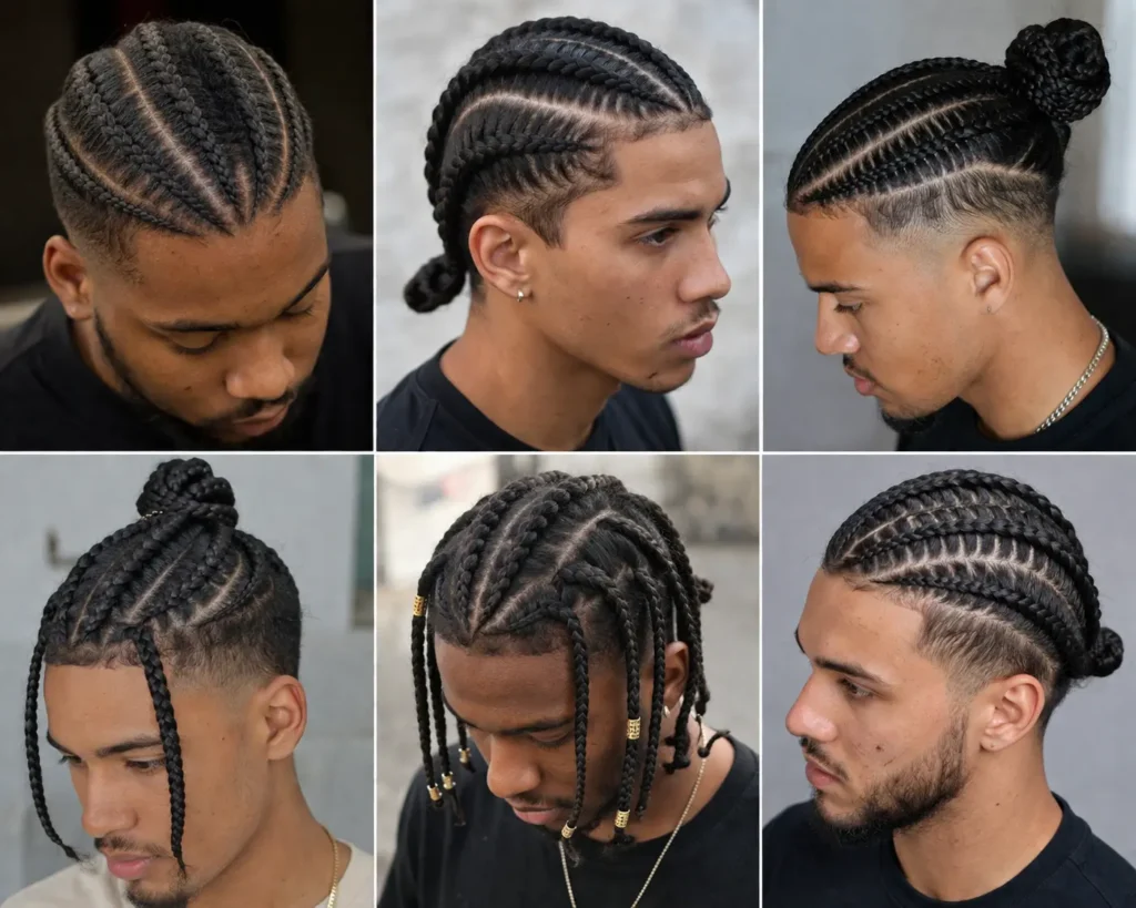 Realistic collage of men featuring different braided hairstyles including cornrows, box braids, and braided buns, with clean fades, detailed scalp patterns