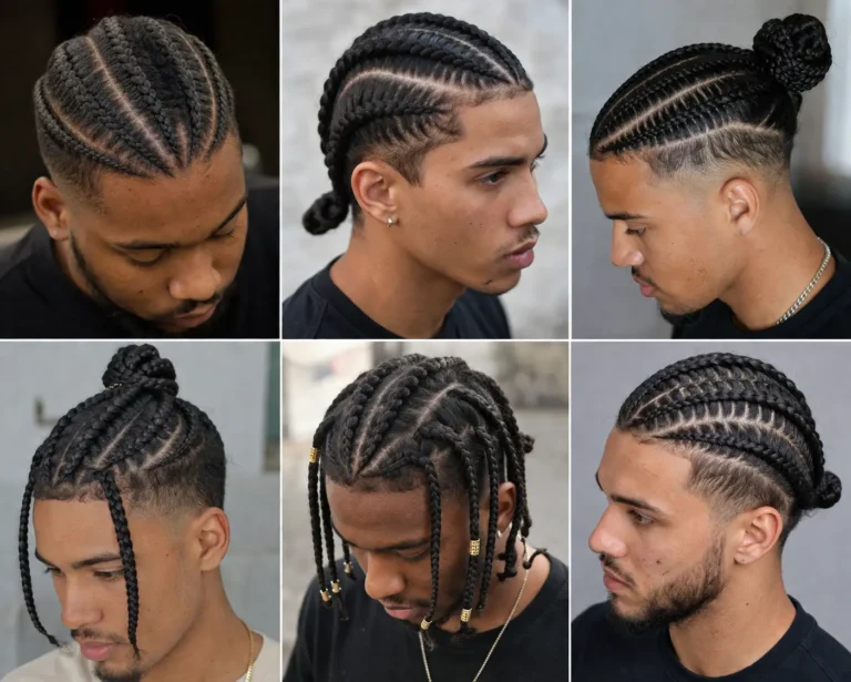 Realistic collage of men featuring different braided hairstyles including cornrows, box braids, and braided buns, with clean fades, detailed scalp patterns