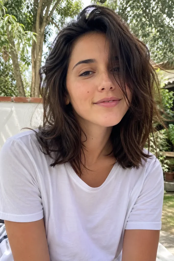 a young woman with a messy long bob haircut and tousled, slightly undone waves. She wears a simple white t-shirt and sits in soft daylight