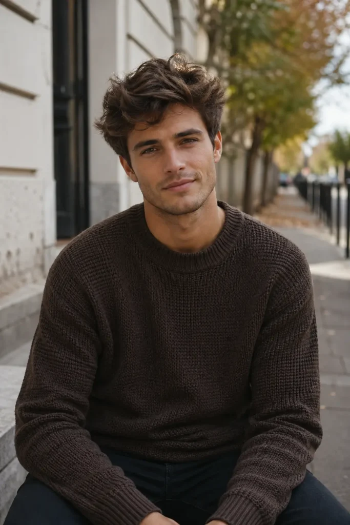 Young man with a messy quiff hairstyle and textured volume, wearing a brown knit sweater and dark pants, sitting outdoors on a city sidewalk in soft daylight