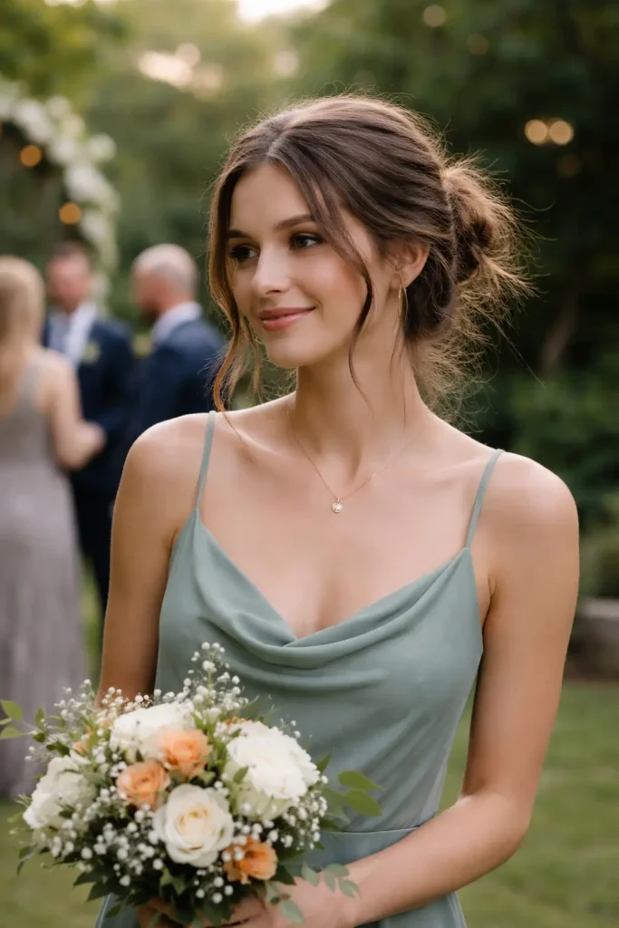 A candid outdoor photo of a young woman at a rustic garden wedding, wearing a sage green bridesmaid dress. Her hair is styled in a messy low bun with loose strands and natural flyaways, giving a relaxed, realistic look. She holds a bouquet of white and peach flowers while looking slightly to the side with a soft smile. The background shows blurred wedding guests and greenery in gentle daylight.