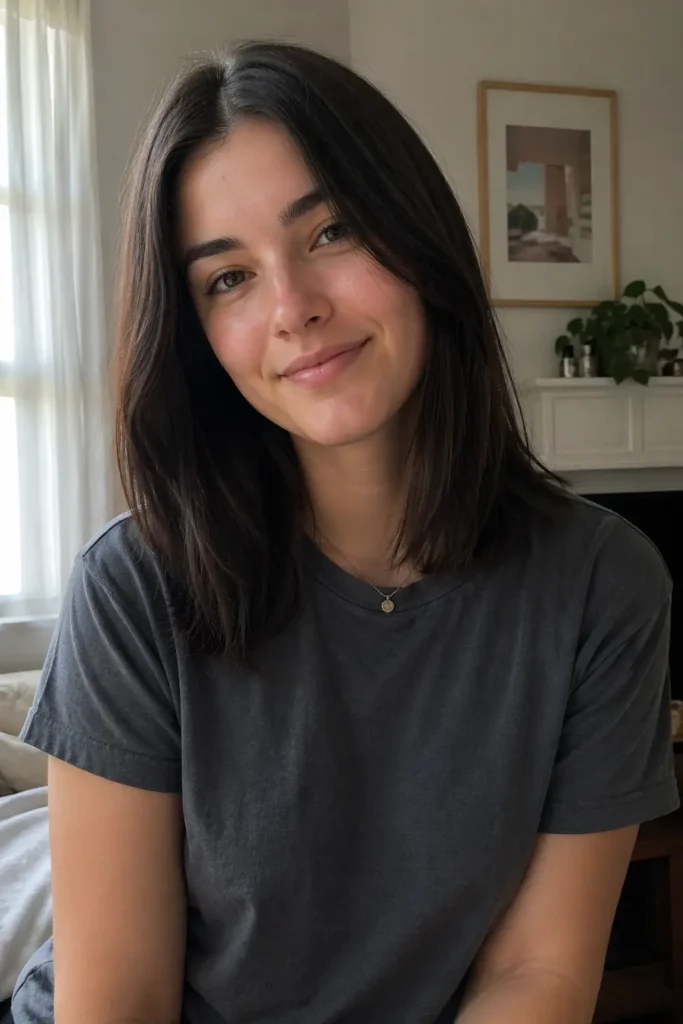 \ a young woman with a middle-part long bob haircut and straight, slightly textured hair. She wears a simple neutral t-shirt, with natural skin texture 