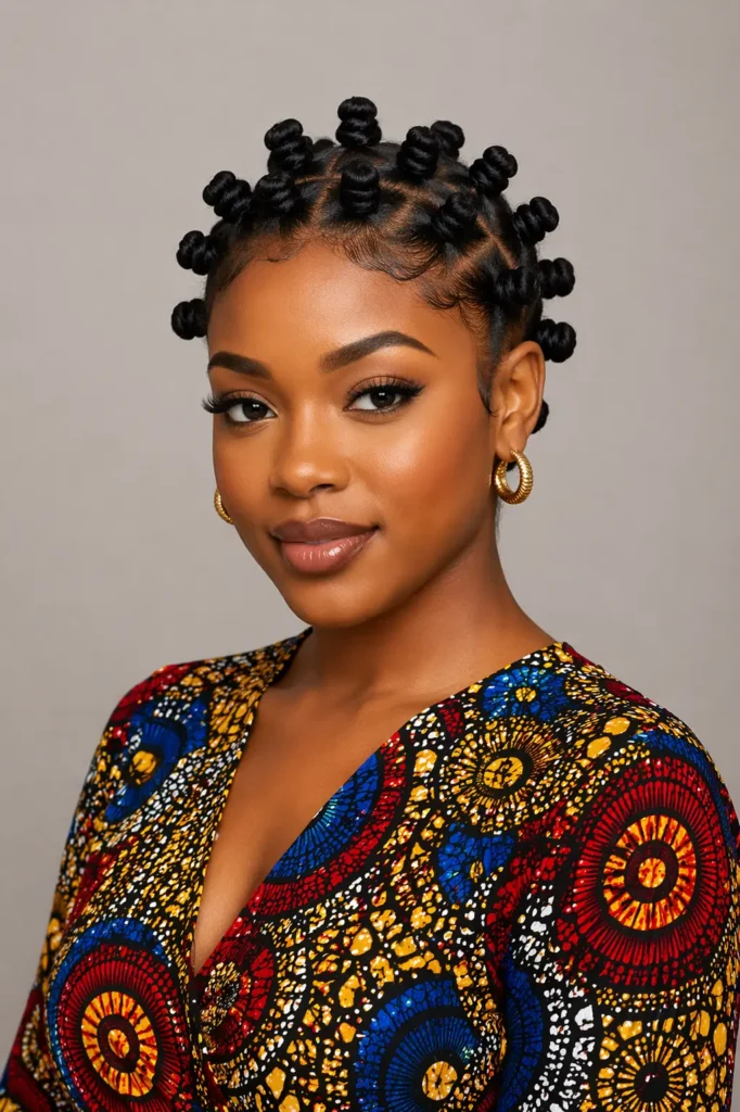 A confident woman with neatly styled small Bantu knots evenly spaced across her head, featuring smooth laid edges. She wears a vibrant, multicolored African print top with bold circular patterns. 