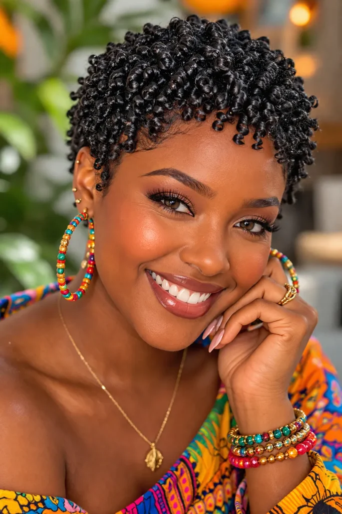 Close-up of a smiling Black woman with short, defined mini finger coils, healthy shiny natural hair, and colorful accessories, showcasing a stylish modern natural hairstyle.
