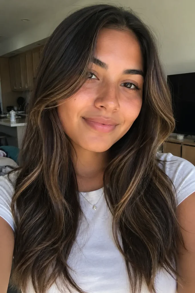 a young woman with long, dark chocolate brown hair and soft mocha face-framing highlights. She has a warm, natural complexion with light freckles, minimal makeup, and a gentle smile.