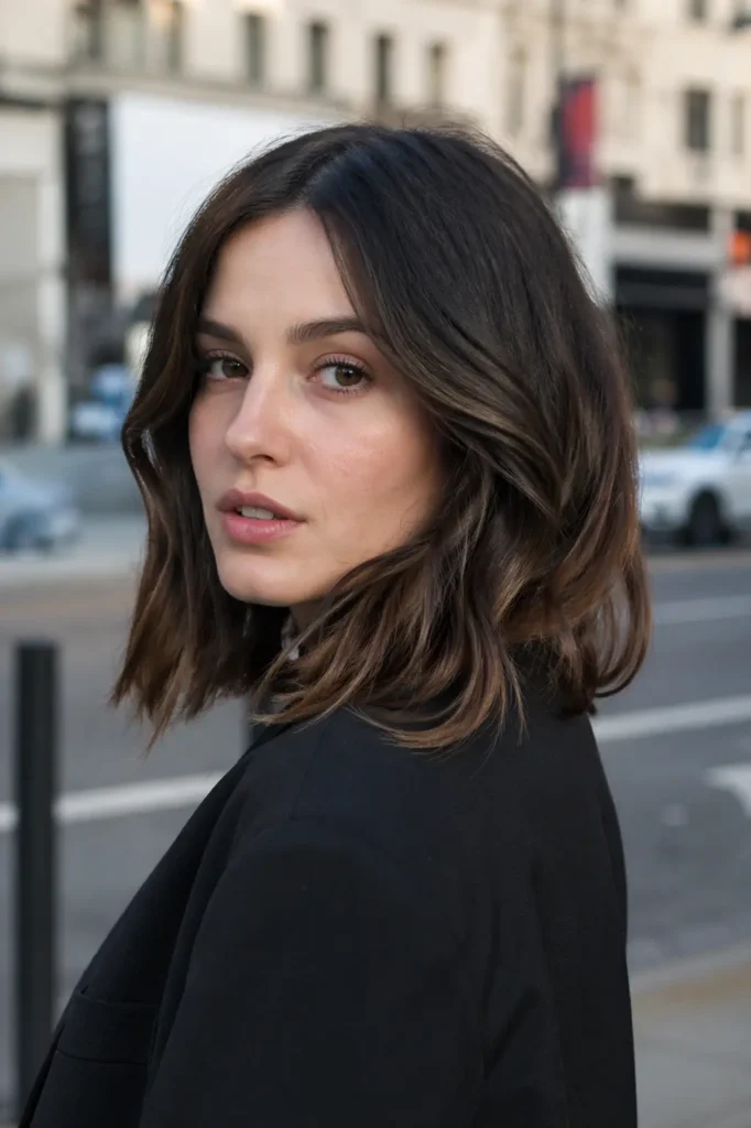 modern chic young woman with textured long bob outdoors, ultra realistic portrait in natural city light
