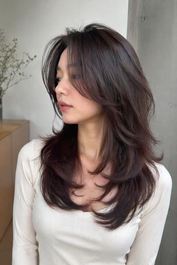 a woman with a modern octopus haircut featuring face-framing layers, layered crown volume, and flowing tentacle-like textured strands, styled with natural lighting and wearing a casual white top.