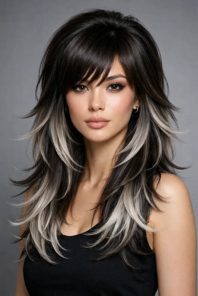 Woman with modern octopus haircut featuring sleek layered crown and smooth flowing textured layers 