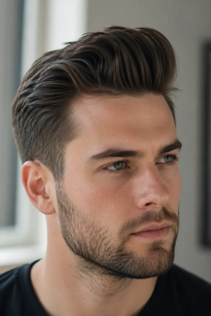 a real man with a modern pompadour hairstyle, featuring a lifted, voluminous front and neatly styled sides