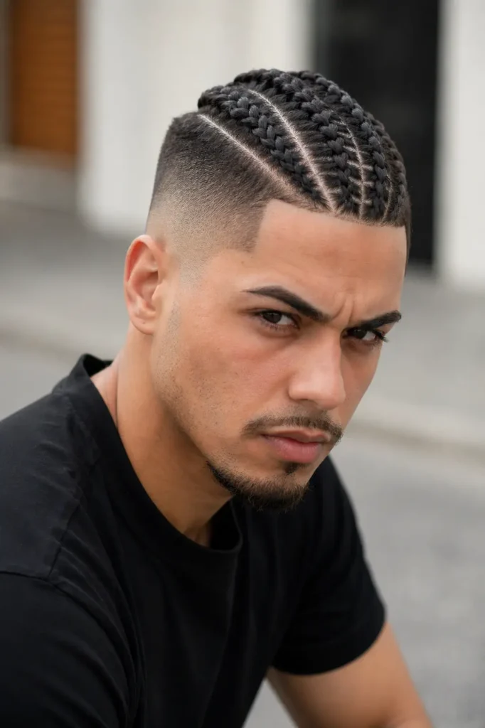 Close-up portrait of a man with central stitch braids, faded sides, sharp part lines, natural expression, black shirt, and soft blurred background.