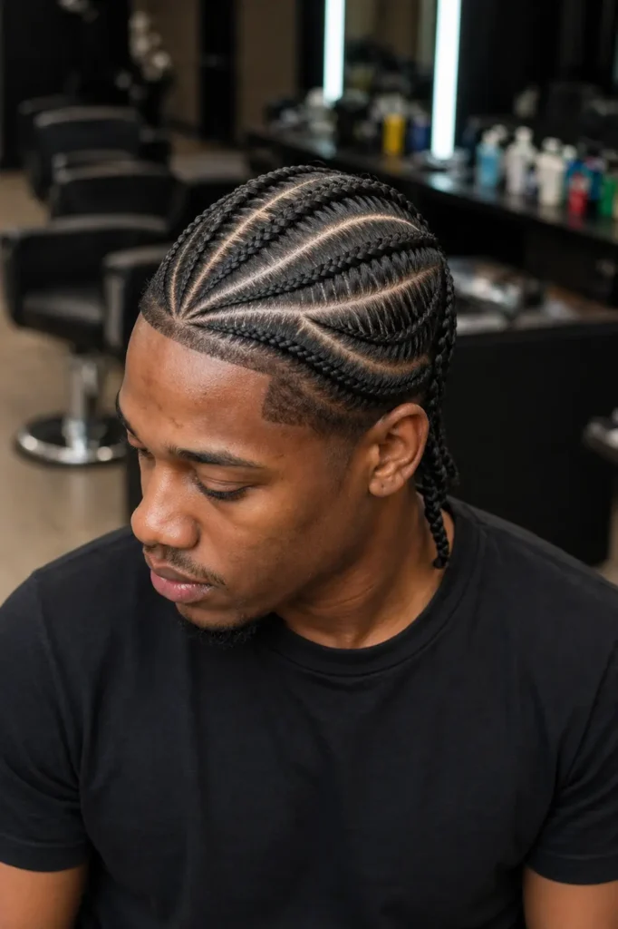 a man with a detailed multi-part cornrow hairstyle featuring clean, symmetrical braiding patterns and sharp scalp sections. The braids are highly defined and textured
