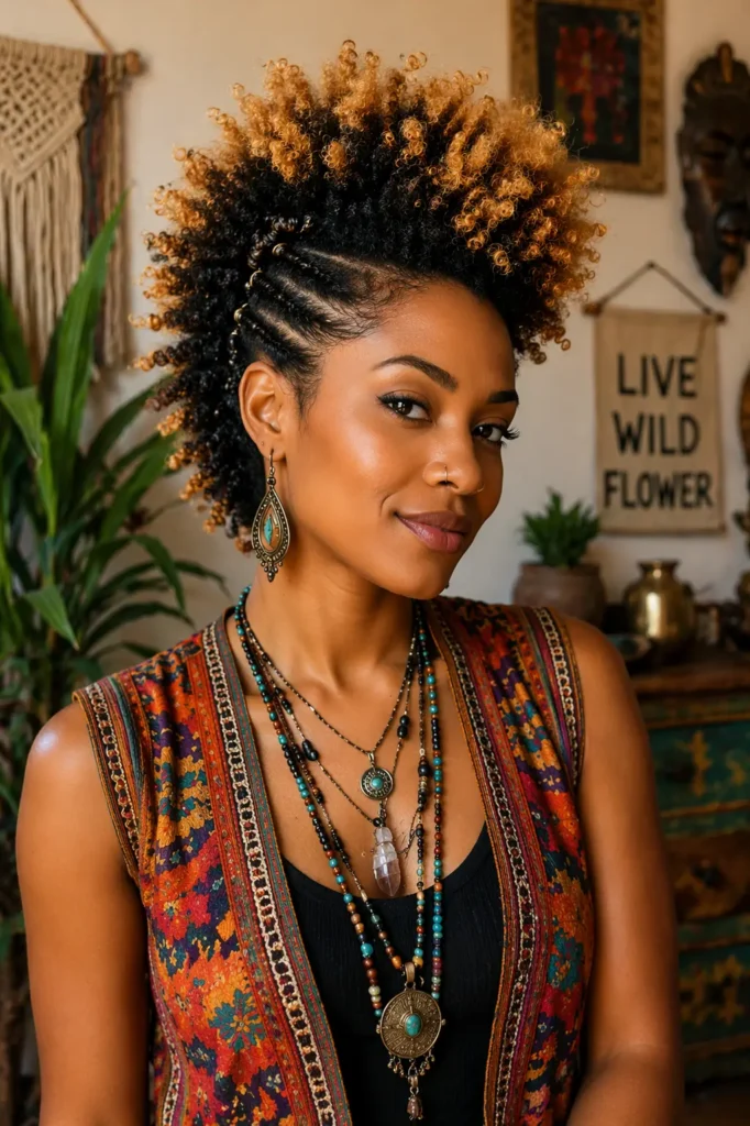 A woman with a natural fro-hawk hairstyle featuring dark roots and bright honey blonde tips, with sleek pinned sides. She wears a colorful bohemian vest and layered necklaces, posing indoors in warm, cozy lighting.