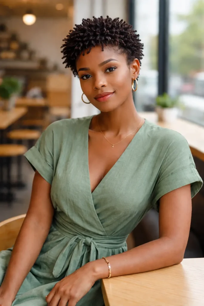 A woman with a short defined micro twist out hairstyle wearing a sage green dress, sitting at a wooden table inside a bright modern cafe with large windows.