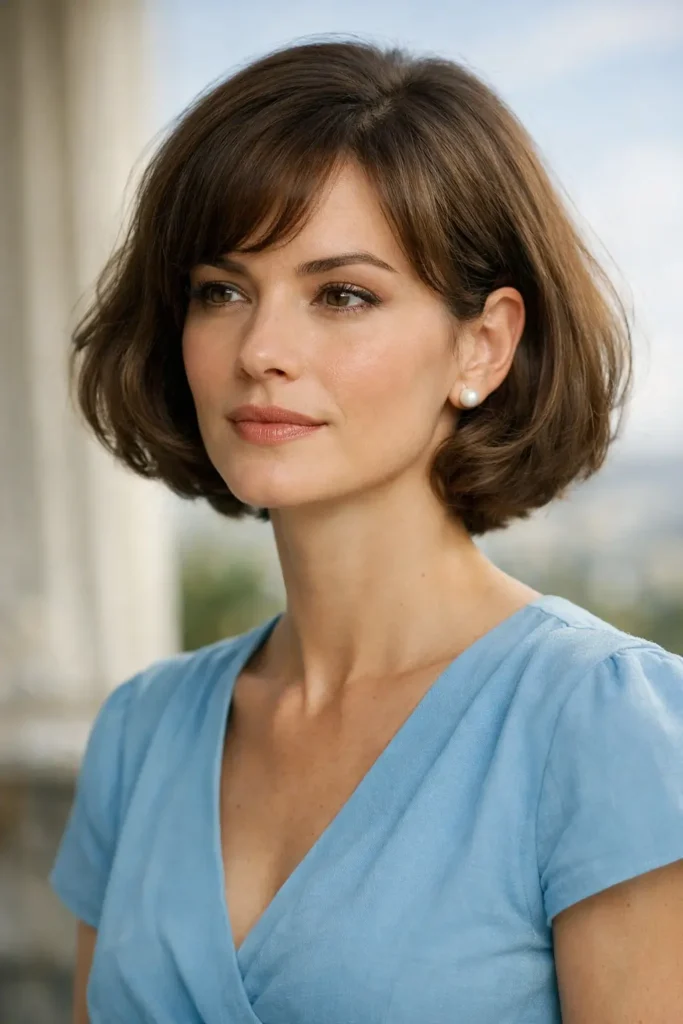 Elegant woman with a natural-texture old money bob haircut, styled in soft waves, wearing a sky blue dress in soft natural lighting, featuring a relaxed and sophisticated look with realistic hair detail.