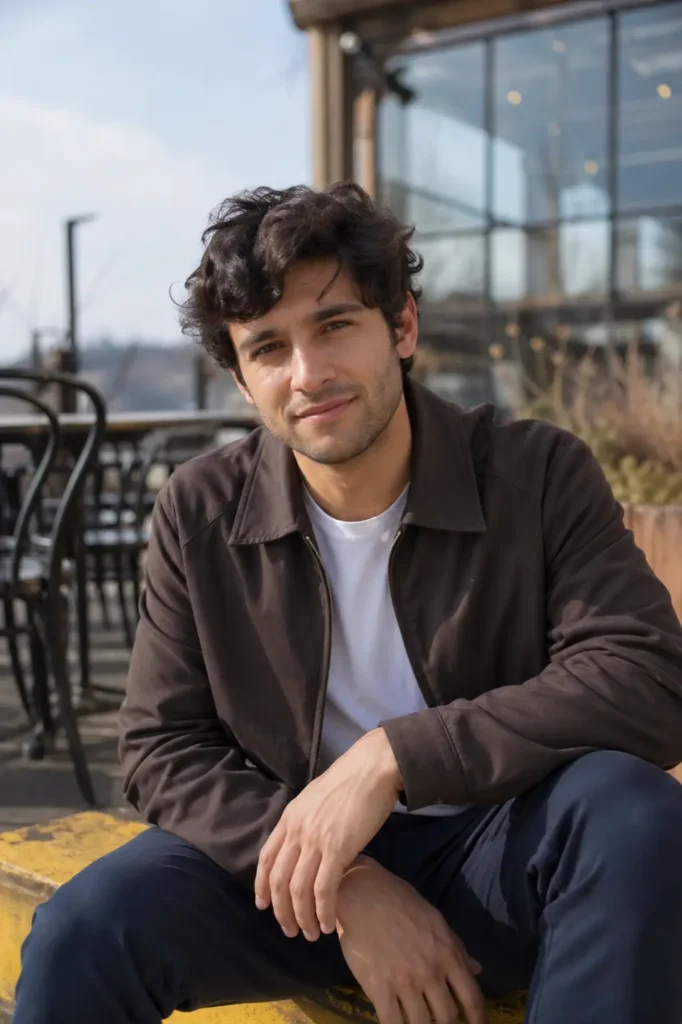 Real young man with natural wavy hair and soft texture, wearing a casual outfit, sitting outdoors in daylight