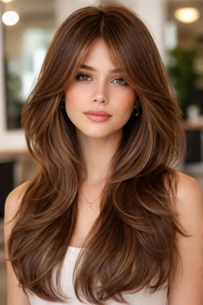 Realistic portrait of a woman with a soft layered octopus haircut, featuring blended crown layers, smooth flowing texture, and natural-looking volume under soft salon lighting.