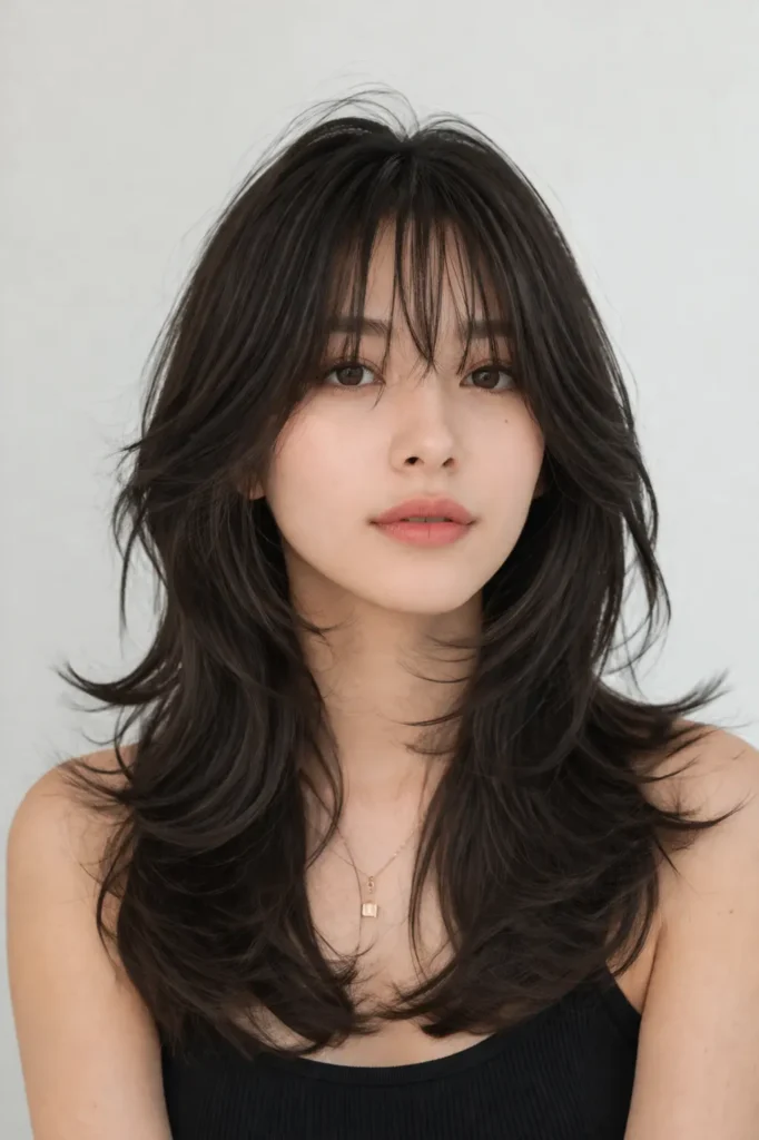Octopus haircut with wispy bangs, layered volume, and soft textured lengths—modern feminine hairstyle with natural shine and movement.