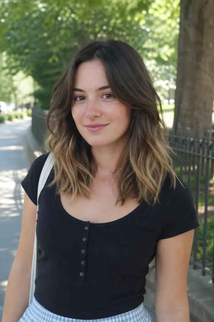 Young woman with ombre long bob hairstyle and natural waves standing outdoors in daylight on a park path, wearing casual everyday clothing with realistic skin details.