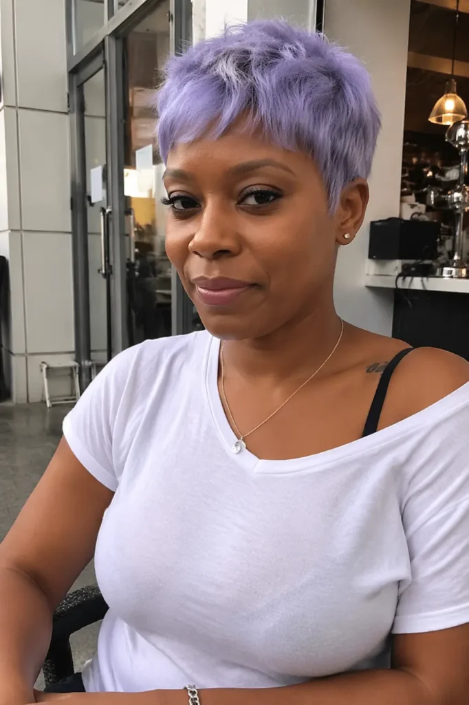 Black woman with a soft lavender pastel textured pixie cut, short wispy hair, and natural makeup, wearing a casual white t-shirt in a relaxed indoor café setting with natural light, realistic portrait photography.