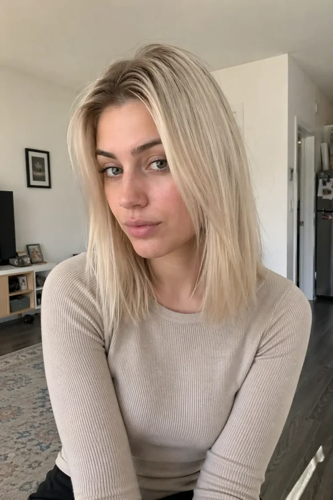 a young woman indoors with a platinum blonde long bob haircut and visible darker root shadow. Her straight, slightly textured hair frames her face