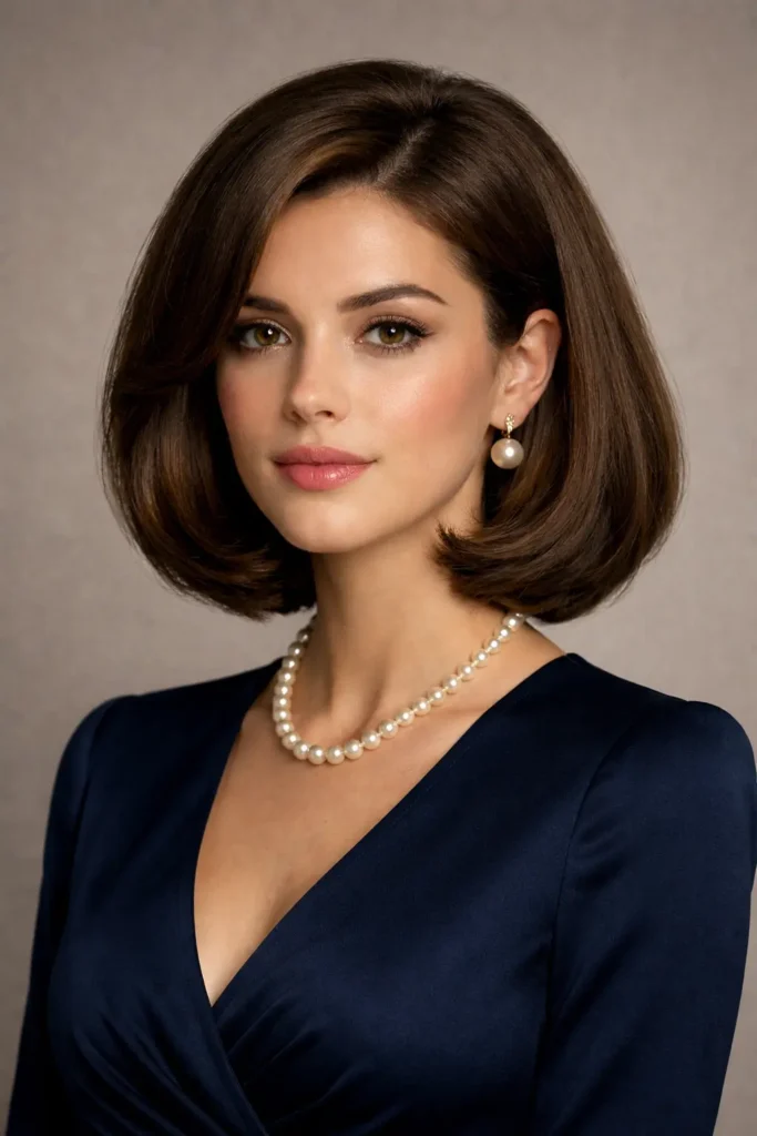 Elegant woman with a polished old money bob haircut, featuring soft rounded ends and voluminous glossy hair, wearing a navy dress and pearl jewelry, captured in soft studio lighting with a refined, sophisticated look.