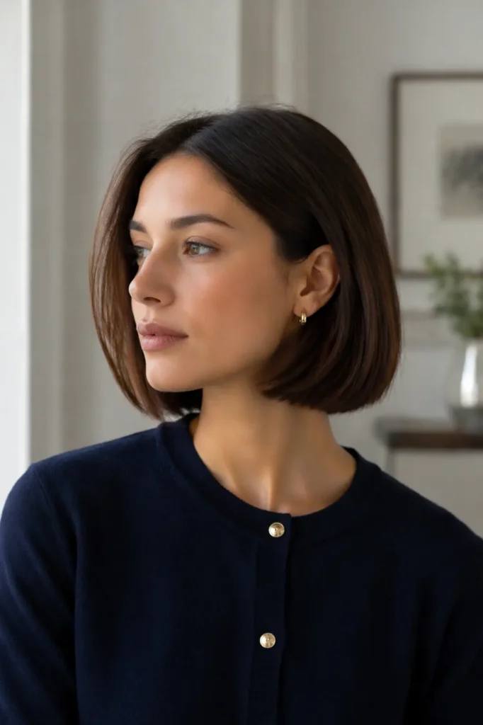  a natural-looking woman with a polished jaw-length old money bob haircut, sleek straight glossy brunette hair, wearing a navy blue top, softly lit with natural light and a minimal indoor background, showcasing a timeless and sophisticated hairstyle.