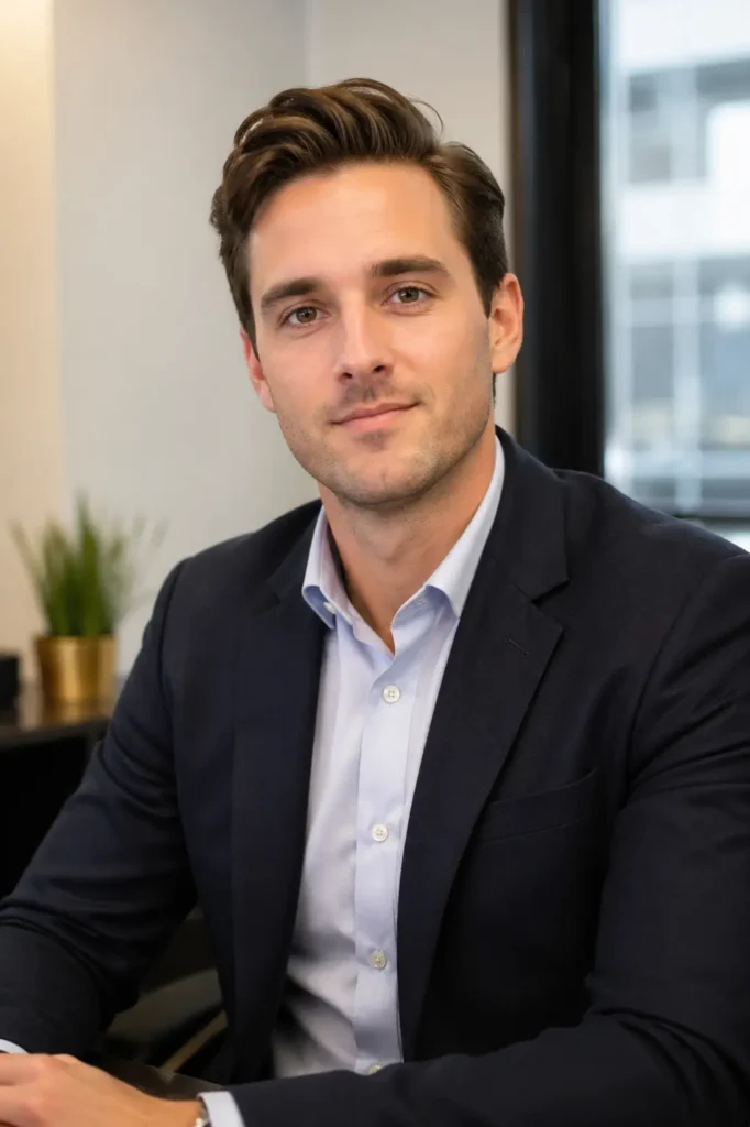 A professionally dressed man with a slick, side-swept hairstyle sits indoors in a well-lit office setting, wearing a dark blazer and light shirt