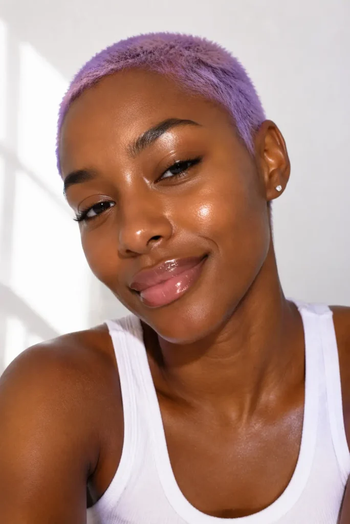 a Black woman with a very short pastel lavender buzz cut, glowing skin, and a white tank top. Bright studio lighting highlights the soft purple hair color and her warm