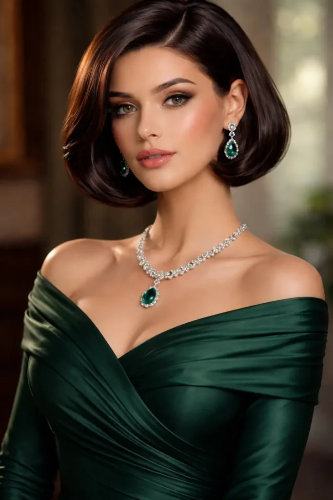a woman with a sleek dark brown bob hairstyle, wearing emerald green jewelry and a modest high-neck satin dress that fully covers her chest, styled in soft studio lighting with a blurred warm background.