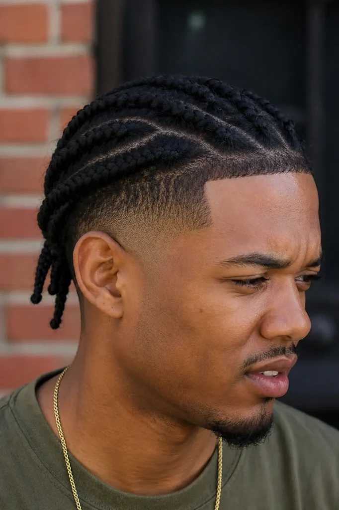 portrait of a man with neatly styled rope braids and a taper fade, shown in profile. The focus is on the detailed braided hairstyle and clean hairline, with natural lighting highlighting texture. He wears an olive-green shirt and a gold chain,