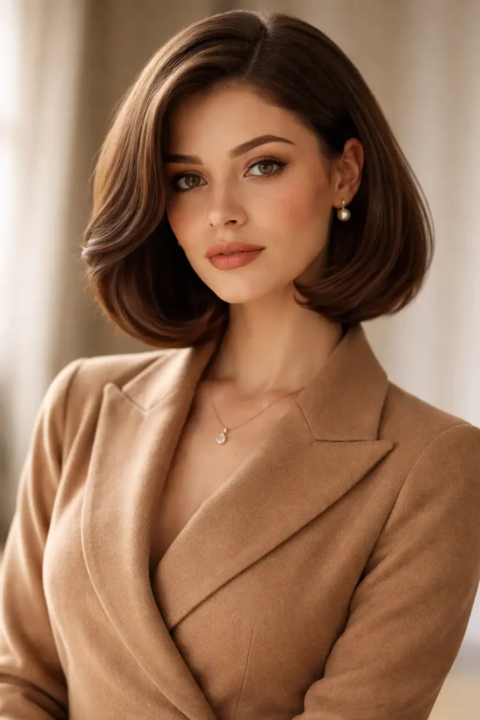 Elegant woman with a rounded old money bob haircut featuring softly curved ends, glossy realistic hair texture, and a classic sophisticated style, wearing a camel dress in natural lighting, 