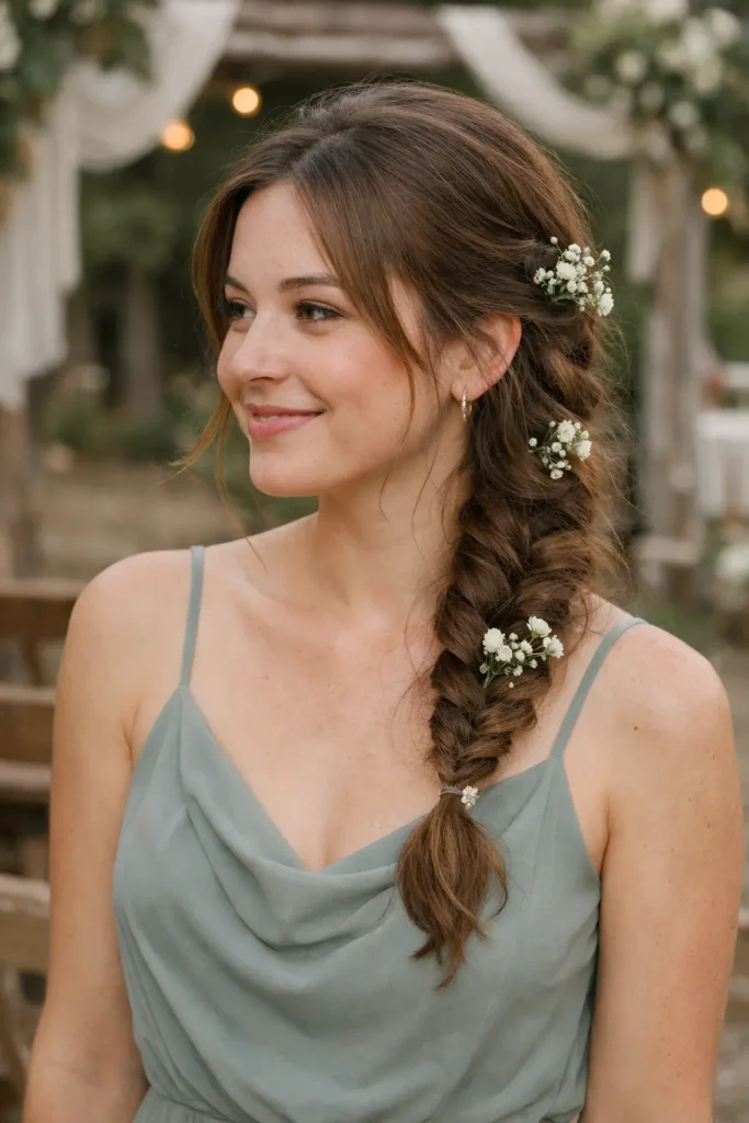 f a young woman at an outdoor rustic wedding, wearing a sage green bridesmaid dress. Her hair is styled in a loose fishtail braid with small white floral accents, and she has natural makeup. She is smiling softly while looking to the side, with a blurred background of greenery and wooden wedding decor in soft daylight.