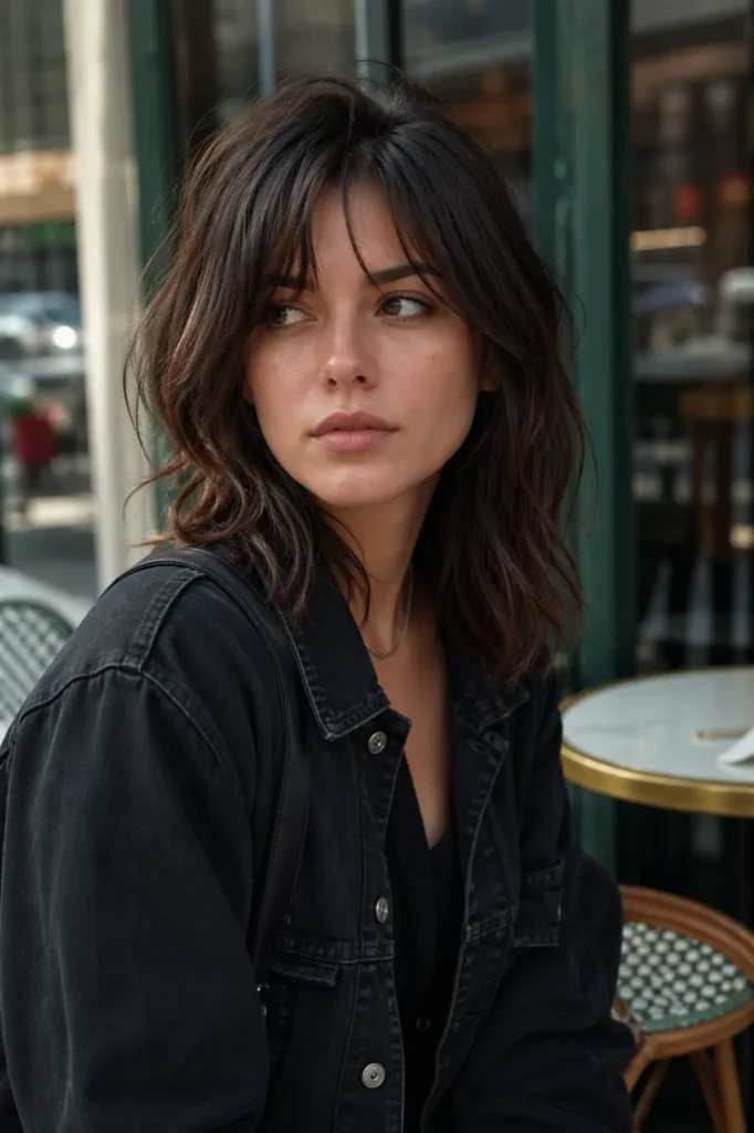 Young woman with a shaggy long bob haircut and messy layered style, wearing a dark casual jacket, sitting at an outdoor café.
