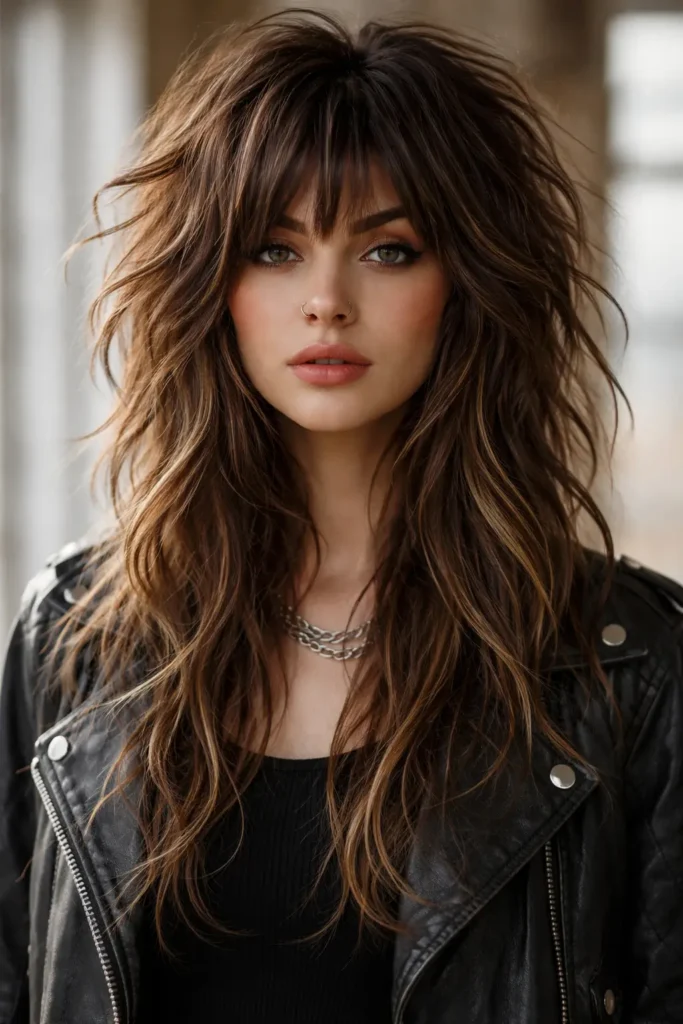 Close-up portrait of a woman with a shaggy octopus haircut featuring choppy, voluminous layers and long, textured waves