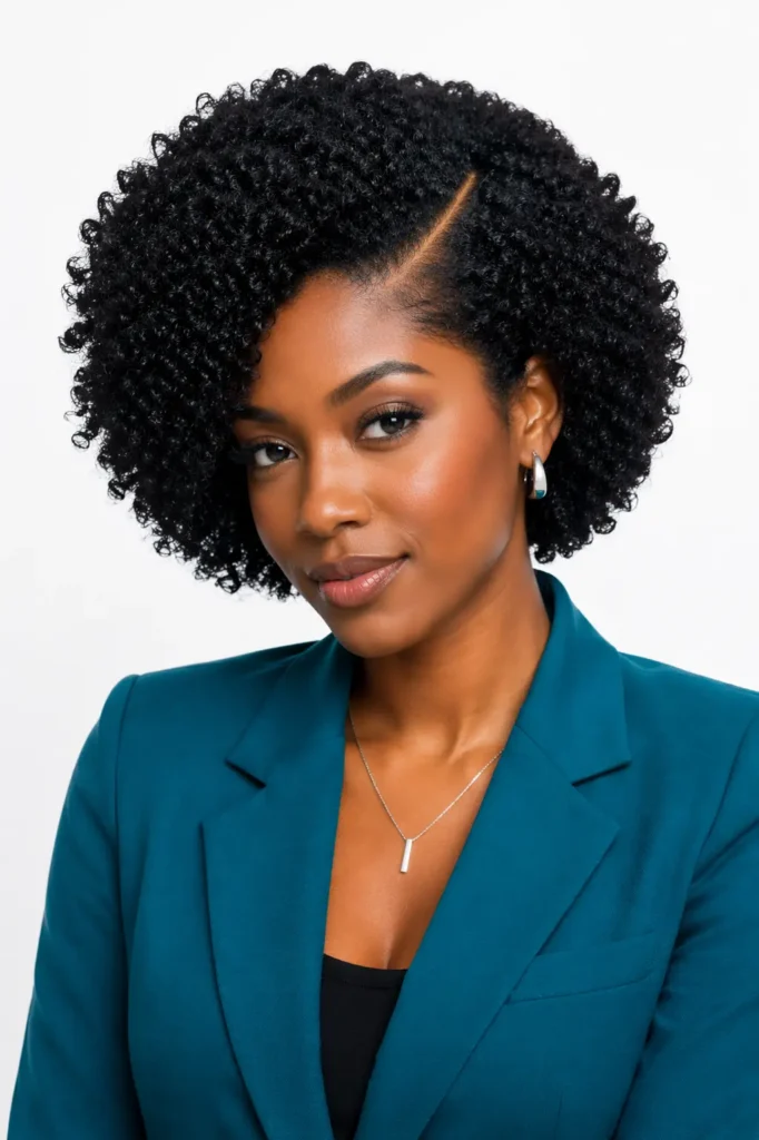 a woman with a medium-length short afro featuring a sharp deep side part and fluffy, well-defined 4B curls, wearing a bold teal blazer and minimalist silver jewelry