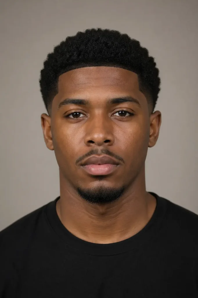 front-facing portrait of a real man with a short afro hairstyle, clean sharp shape-up along the hairline, natural tight curls, neatly groomed facial hair,