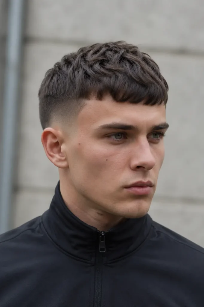 a young man outdoors against a soft, neutral concrete background. He has a short crop haircut with a textured fringe and faded sides, showing natural hair texture with minimal styling.