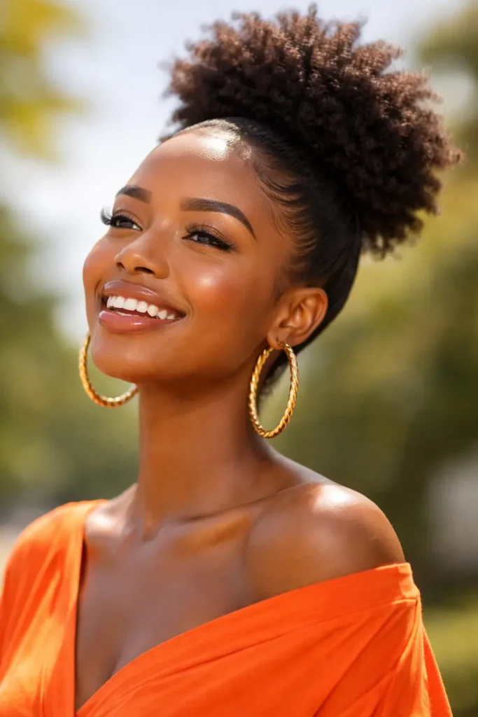 Smiling woman wearing a vibrant orange top and large gold earrings, featuring a soft short natural afro puff styled high on her head with smooth laid edges in sunny outdoor light.