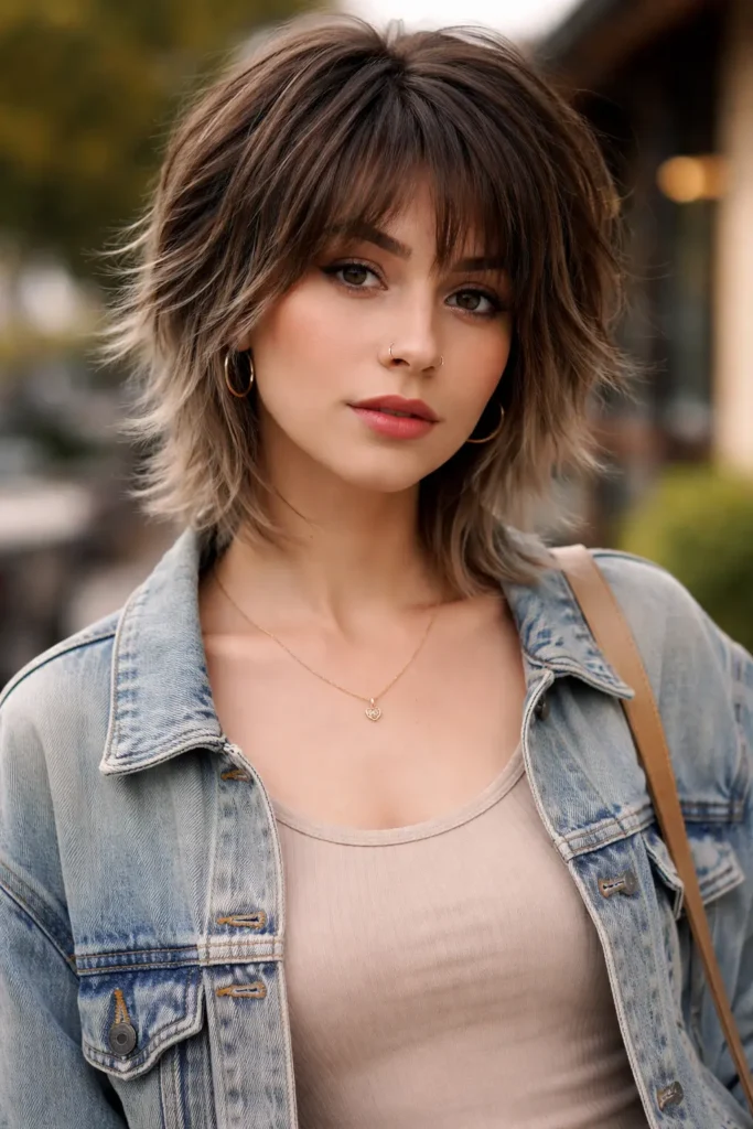 A stylish woman with a short octopus haircut featuring textured crown layers and tapered ends. She has soft, messy, modern layers framing her face and is wearing a casual denim jacket in an outdoor urban setting with natural lighting.
