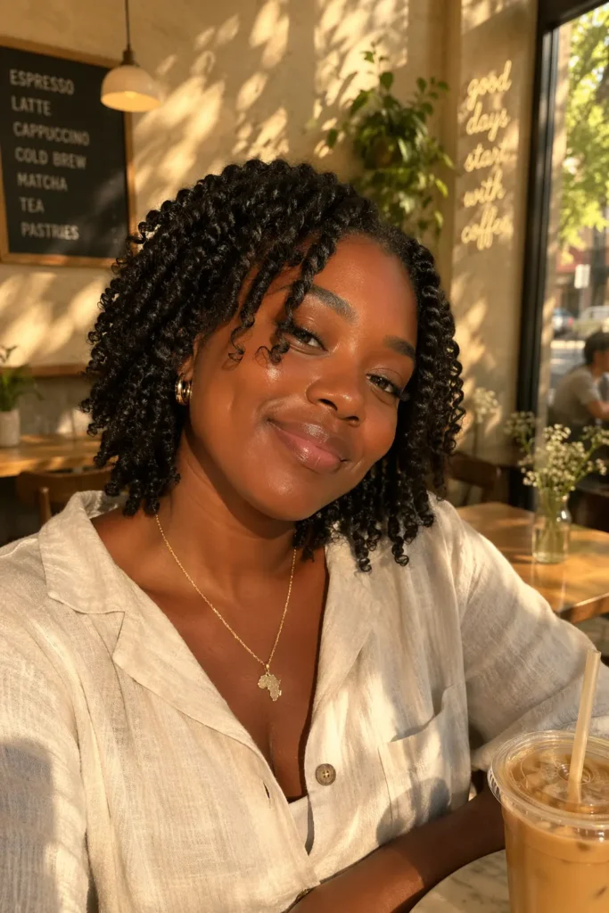 Black woman with short neck-length passion twists in a sunlit café, natural textured hairstyle, voluminous twists, glowing skin, casual outfit, warm golden light, cozy coffee shop setting, lifestyle