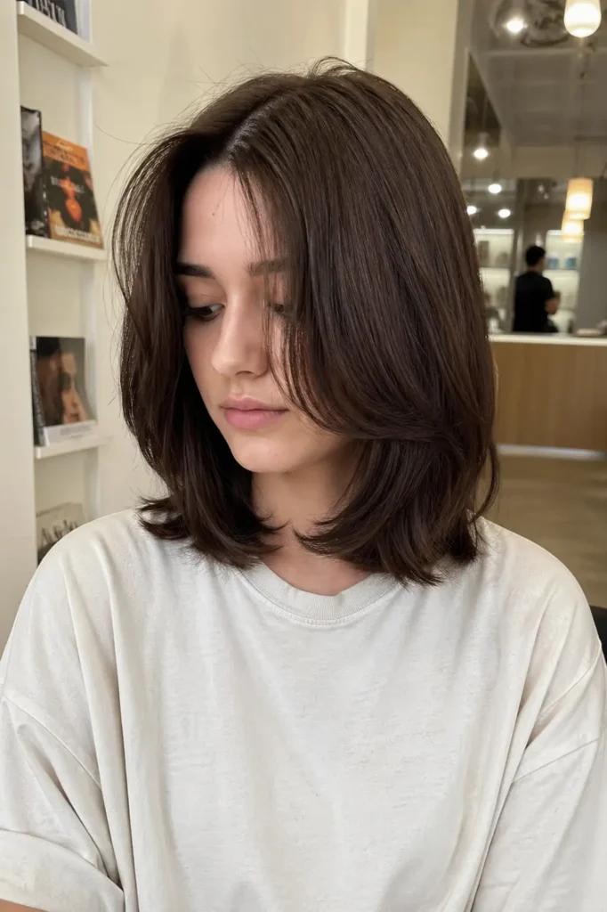 a young woman with shoulder-length lob haircut in glossy chocolate brown hair. She is wearing a light-colored shirt that enhances the rich hair color, with soft natural texture and subtle shine
