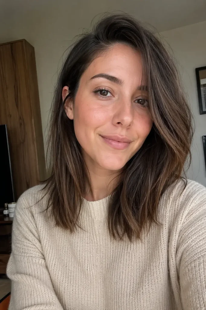a young woman with a side-parted long bob styled in soft natural waves and subtle root volume, wearing light makeup and a cozy knit sweater