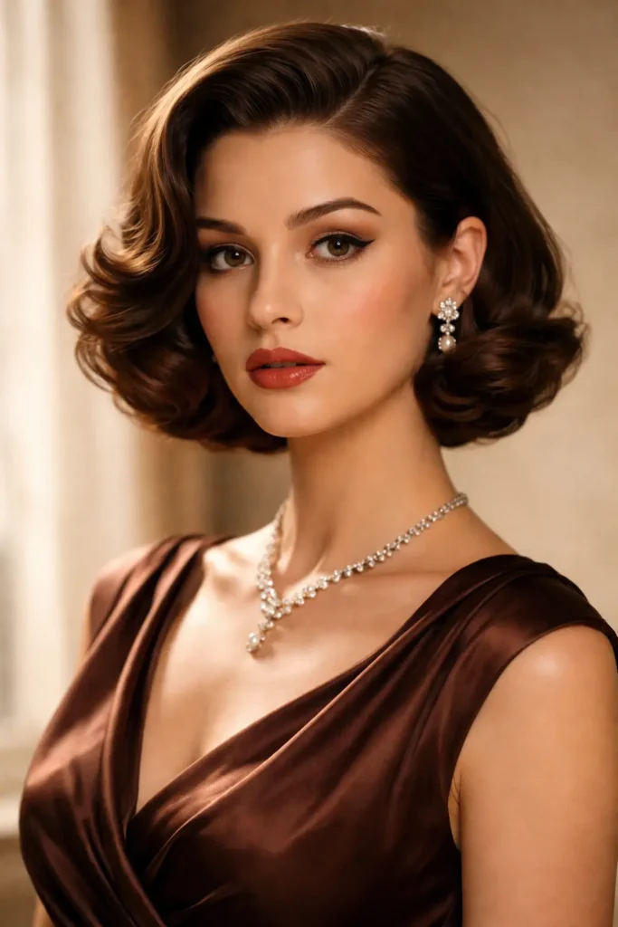 Vintage side part bob hairstyle with soft glossy curls, inspired by classic Hollywood glamour. Elegant woman in a brown satin dress with timeless style and realistic hair texture.
