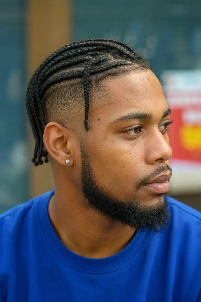 Close-up portrait of a man with side-swept braids and an undercut, wearing a blue shirt. He has a neatly groomed beard and a small stud earring, looking off to the side with a calm, natural expression.
