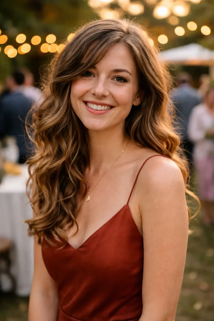 Natural candid photo of a young woman with side-swept soft curls and slightly uneven texture, smiling at an outdoor evening wedding, warm golden light with blurred guests and decorations in the background.